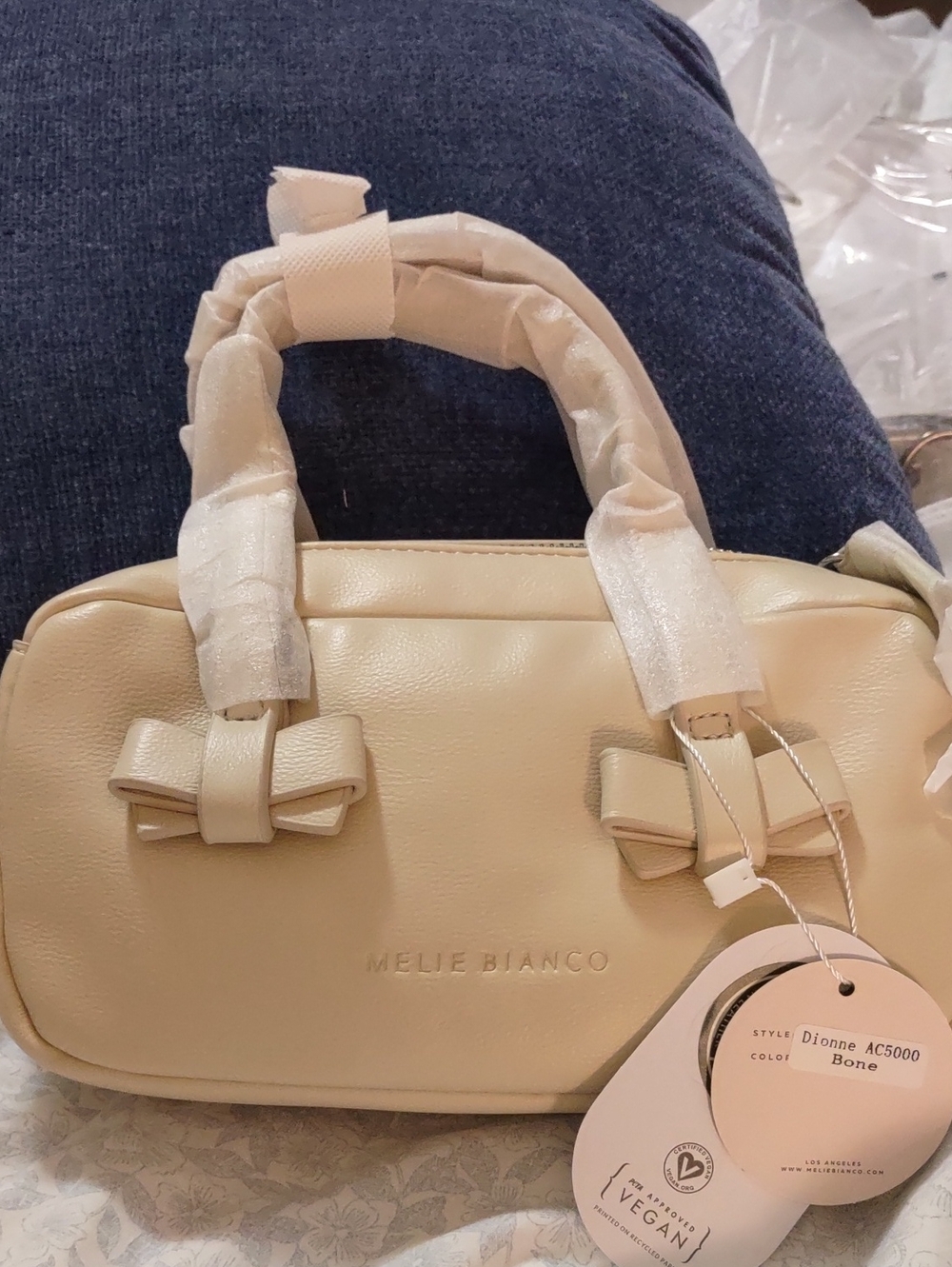 NWT Melie Bianco Dionne Beige Vegan Leather Bow Satchel Crossbody Bag